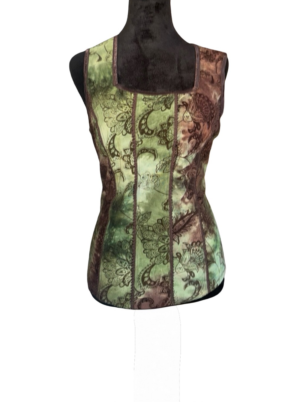 Y2k Dressbarn Large Brown Green Paisley Burnout Velvet Tank Top Boho Fairy Sz M